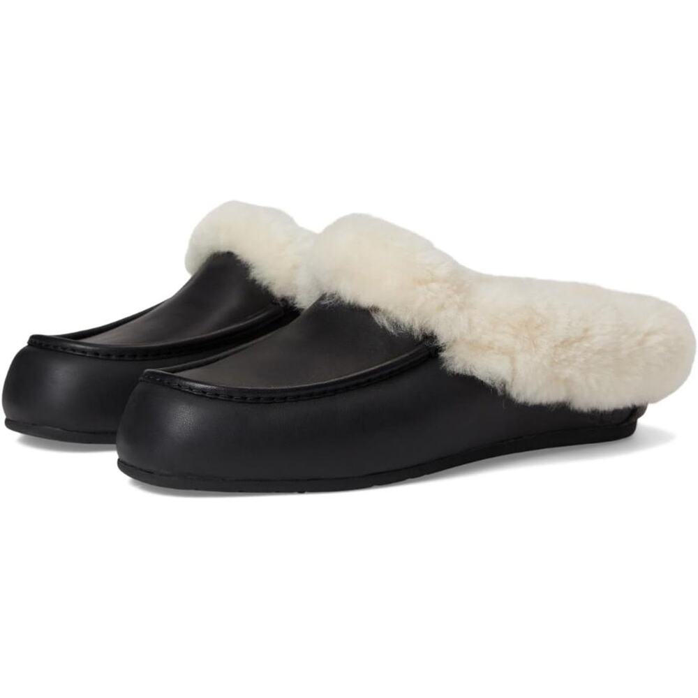 UGG Women's Ansley Mule Leather, Black, Sheepskin collar Fur, Size 6